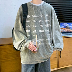 直播品质重磅纯棉美式蜡染水洗做旧潮牌宽松长袖t恤CT335特P38，男装T恤，电商A486