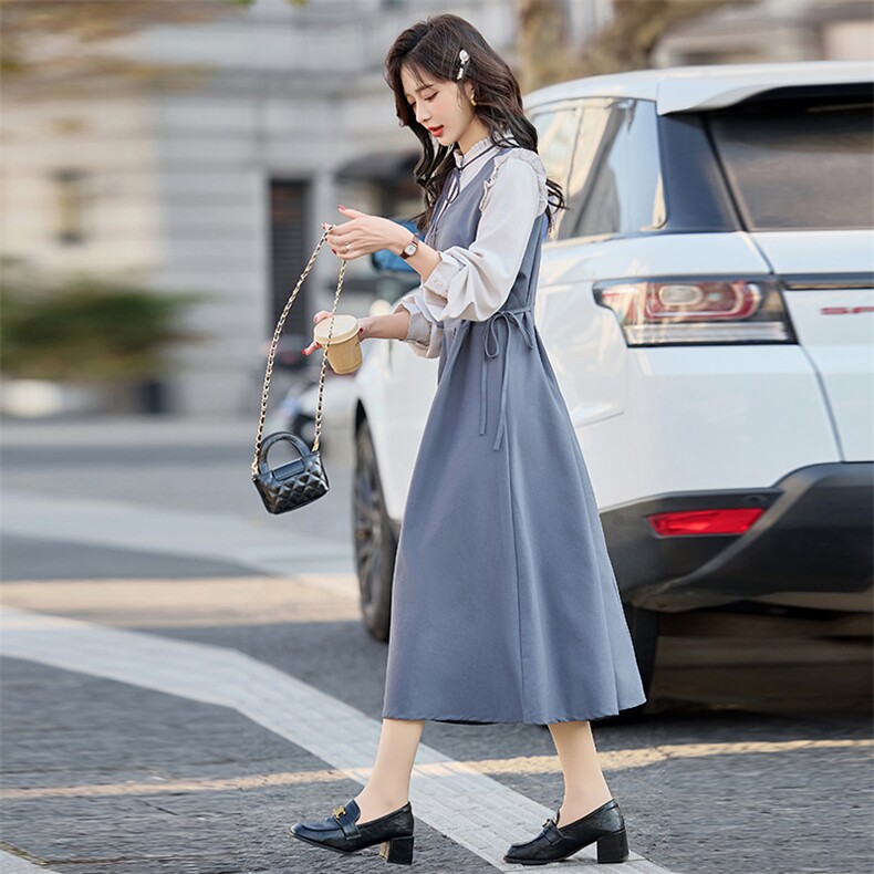 2025年春季新款假两件连衣裙温柔气质日常修身假两件拼色连衣裙女,女装连衣裙,1C080