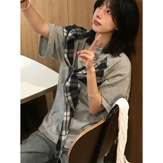 拼接格子布装饰高品质260克双纱纯棉美式高街短袖T恤特P35，男装T恤，电商A486-1