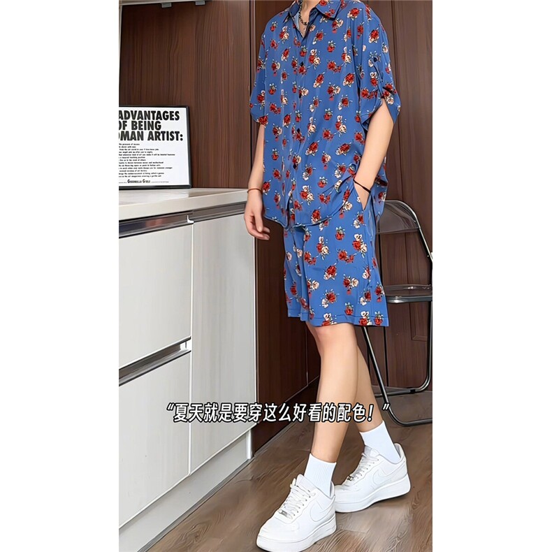 短袖衬衫男+短裤男套装男100%聚酯纤维M-5XL大码TZ78702P50控98,男装休闲套装,星座226-1