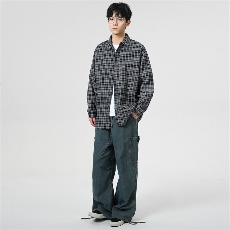 潮流格子衬衫男港风休闲长袖外套青少年男装2377P35,男装衬衫,星座1107-1