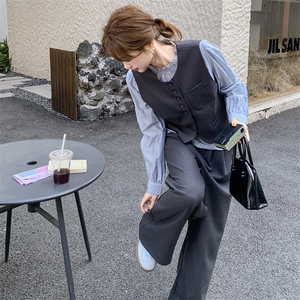 休闲气质马甲衬衫休闲裤套装女春秋巨好看三件套流行爆款超火穿搭图片