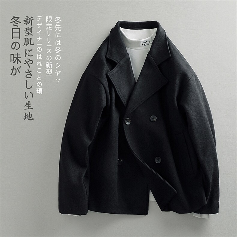 秋新日系高级感双排扣毛呢西装领夹克男大码呢料大衣外套J554-P85图片
