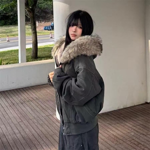 现货重磅boxy短款棉衣座山雕大毛毛领男女棉服水洗工装厚外套图片