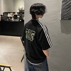 抖音得物高品质二开240克宽松纯棉美式潮牌三条杠织带短袖T恤，男装T恤，电商A486-1