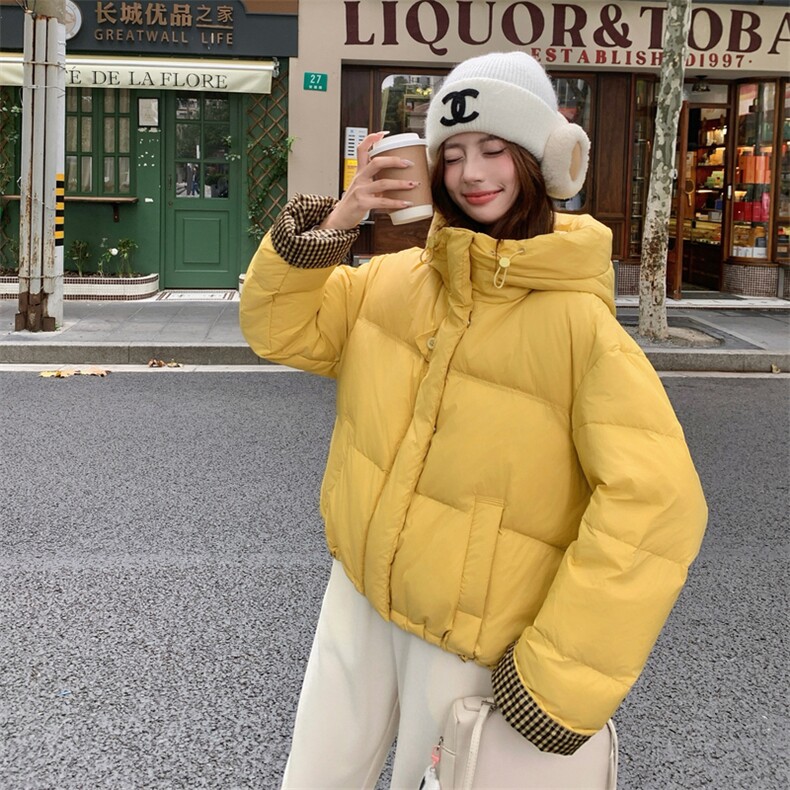 新款现货，格纹拼接连帽羽绒服50绒2C093-6677-P235-K358,女装羽绒服,2C093