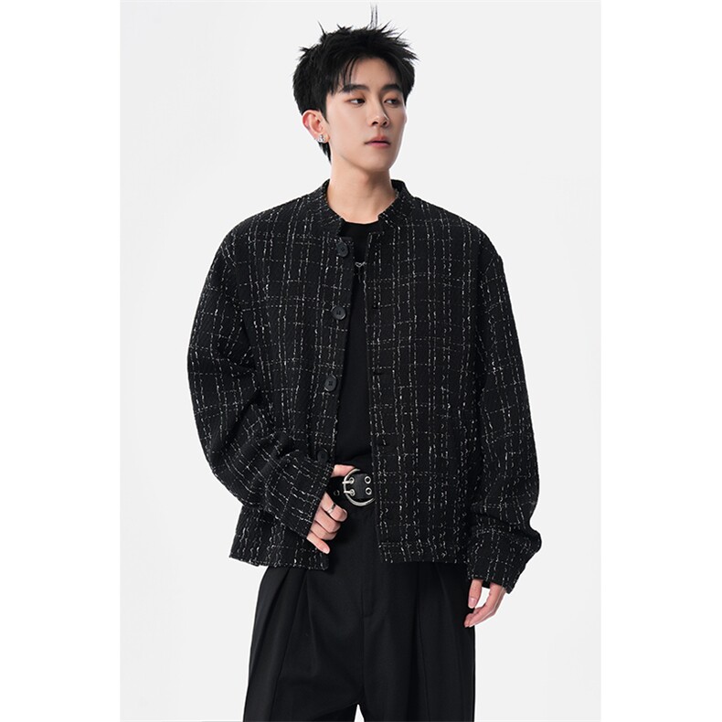 XF2623/P75春装小香风西服男短款夹克格子新中式西装痞帅立领外套，男装夹克，电商A141