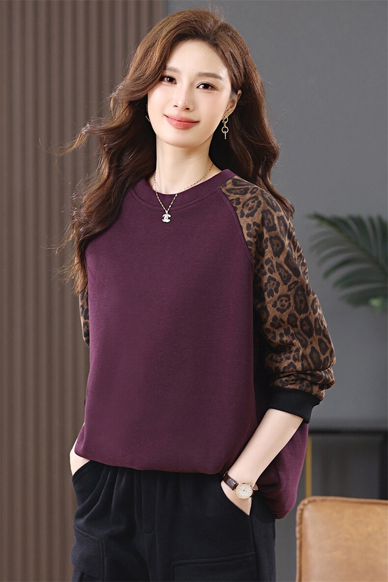 加绒卫衣女秋冬2024年新款时尚宽松洋气中年妈妈休闲豹纹拼接上衣,女装卫衣/绒衫,涵誉