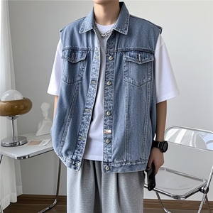 新款流行文艺慵懒潮流气质牛仔马甲男潮牌休闲工装坎肩夹克马甲图片
