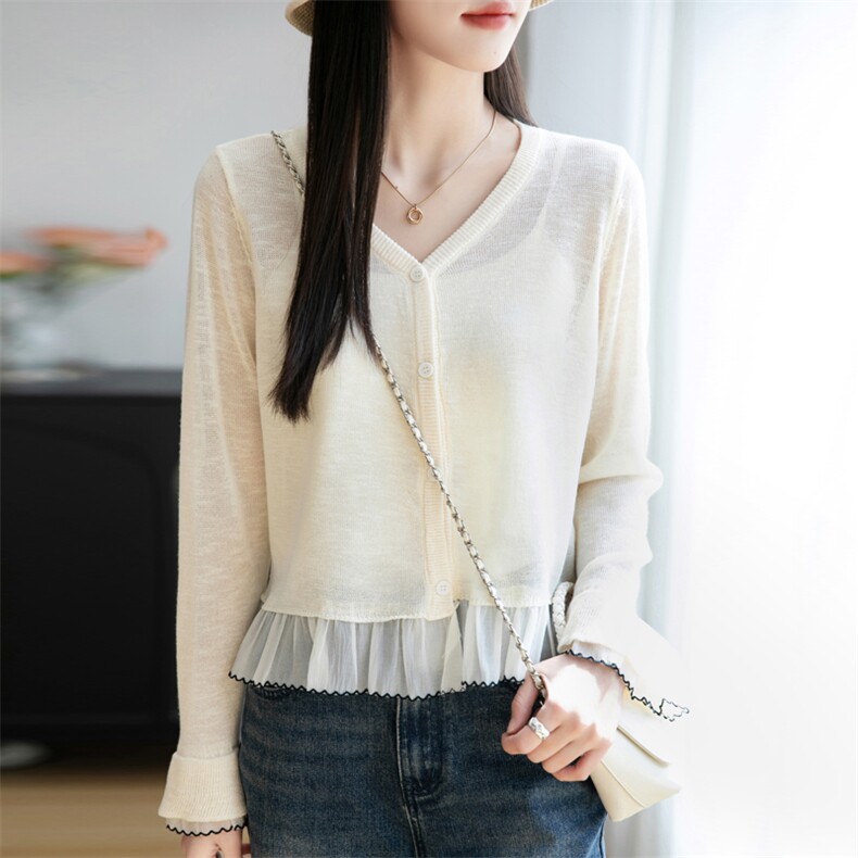 小香风微透防晒蕾丝开衫女夏外搭短款显瘦配吊带裙木耳边披肩罩衫，女装蕾丝衫/雪纺衫，菲奥羊绒