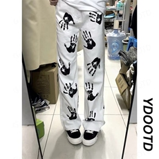 2026水墨手掌印花白色牛仔裤高街hiphop潮炸街长裤K71126-P45网图，男装牛仔裤，电商B245