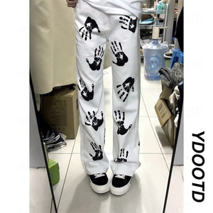 2026水墨手掌印花白色牛仔裤高街hiphop潮炸街长裤K71126-P45网图图片