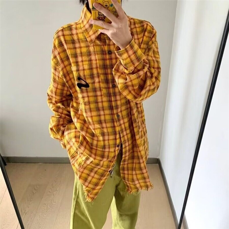 2025美式复古多巴胺黄色格子衬衫男女高街衬衣开衫长袖外套上衣,男装衬衫,星座506A