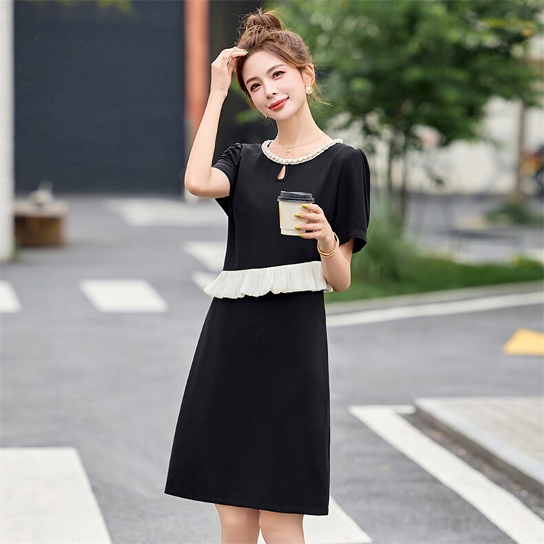 钉珠拼接黑色连衣裙女夏季新款时尚裙子2025年欧洲站大码女装,女装连衣裙,心心服饰