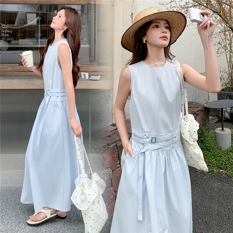 《现货26年夏上新》收腰显瘦无袖圆领A字摆遮肉藏胯休闲连衣裙女，女装连衣裙，时尚风爆