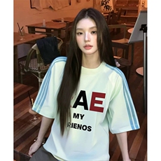 抖音得物品质二开240克宽松纯棉美式潮牌印花三条杠中性风短袖T恤，男装T恤，电商A486-1