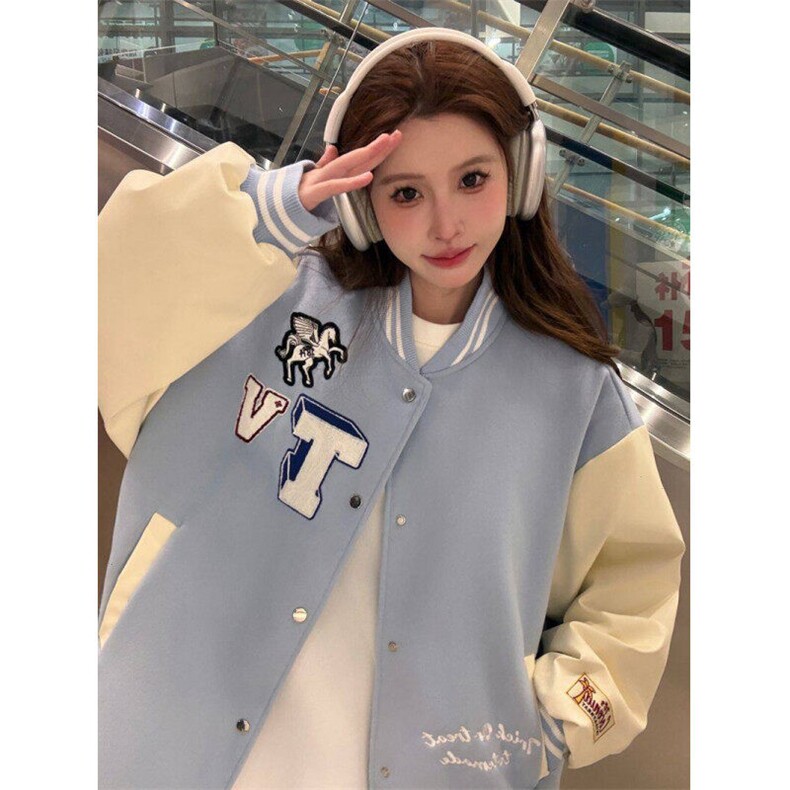 A514-P85 复古字母植绒刺绣棒球服春季潮流百搭情侣夹克上衣外套图片