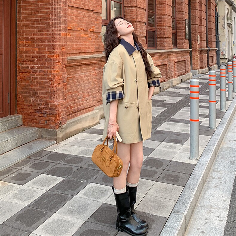卡其色复古撞色格纹拼接风衣外套女春秋2025新款独特超好看高级感,女装风衣,2C037