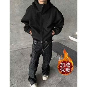灰色加绒加厚卫衣男秋冬2025高级感美式复古连帽宽松拉链开衫外套