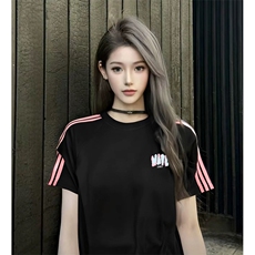 抖音得物品质二开240克宽松纯棉美式潮牌印花三条杠中性风短袖T恤，男装T恤，电商A486