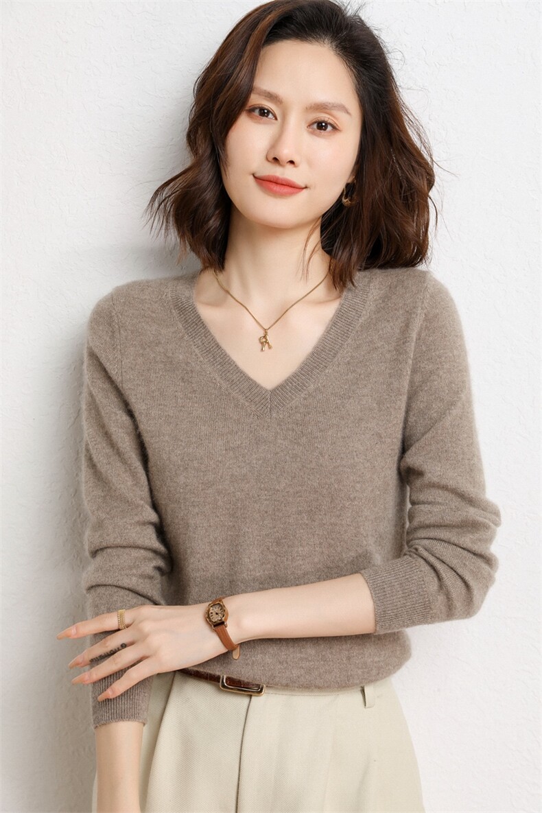 2024秋冬新款35%羊绒女士平面V领羊绒衫,女装羊绒衫,纳丰羊绒