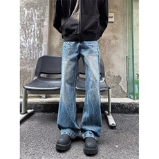 美式复古闪电纹水洗蓝牛仔裤cleanfit裤子潮牌痞帅炸街男微喇长裤，男装牛仔裤，星座601-1