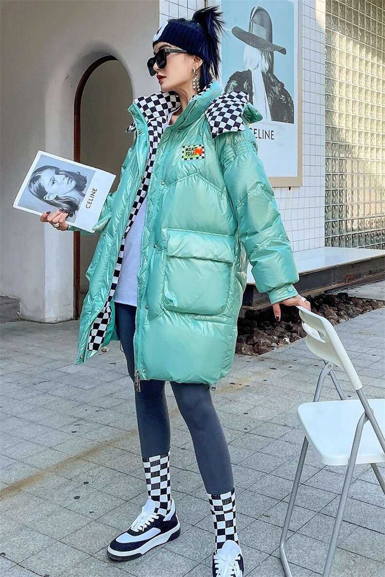 现货2022年冬季新款中长款连帽韩版休闲时尚免洗白鸭绒羽绒服,女装羽绒服,时尚俏佳人