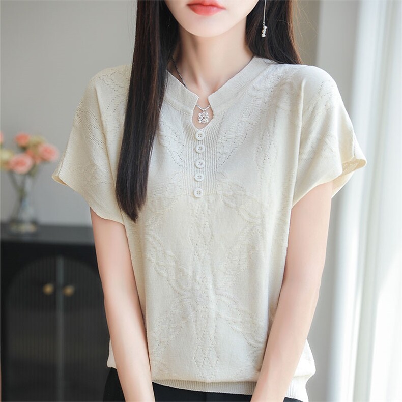 夏季提花冰丝短袖t恤衫女纯色薄款凉感上衣半袖衫透气百搭舒适T恤，女装针织衫/毛衣，萱芳婷羊绒