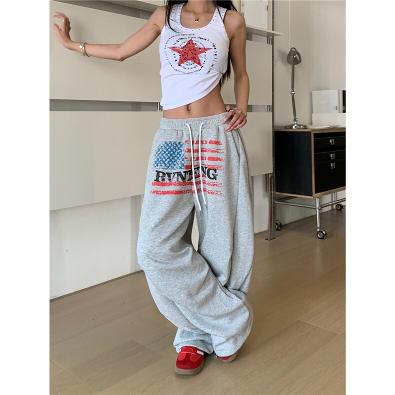 美式字母印花2026新款运动卫裤女慵懒风阔腿休闲长裤K6615-P52，男装休闲裤，星座412-3