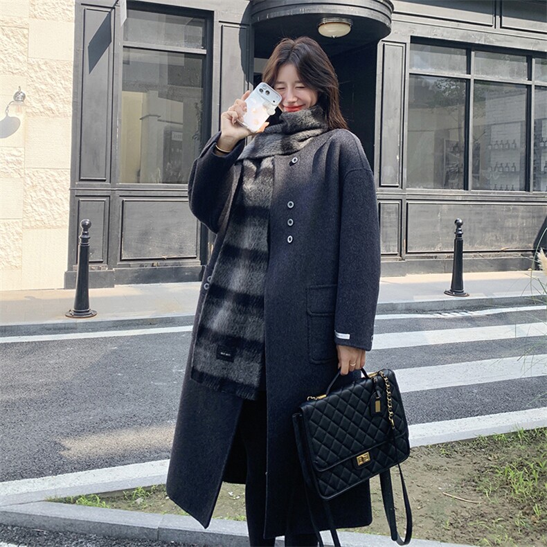 灰色围巾款双面毛呢外套女冬季新款韩版长款高级感气质羊毛大衣,女装毛呢外套,2D014