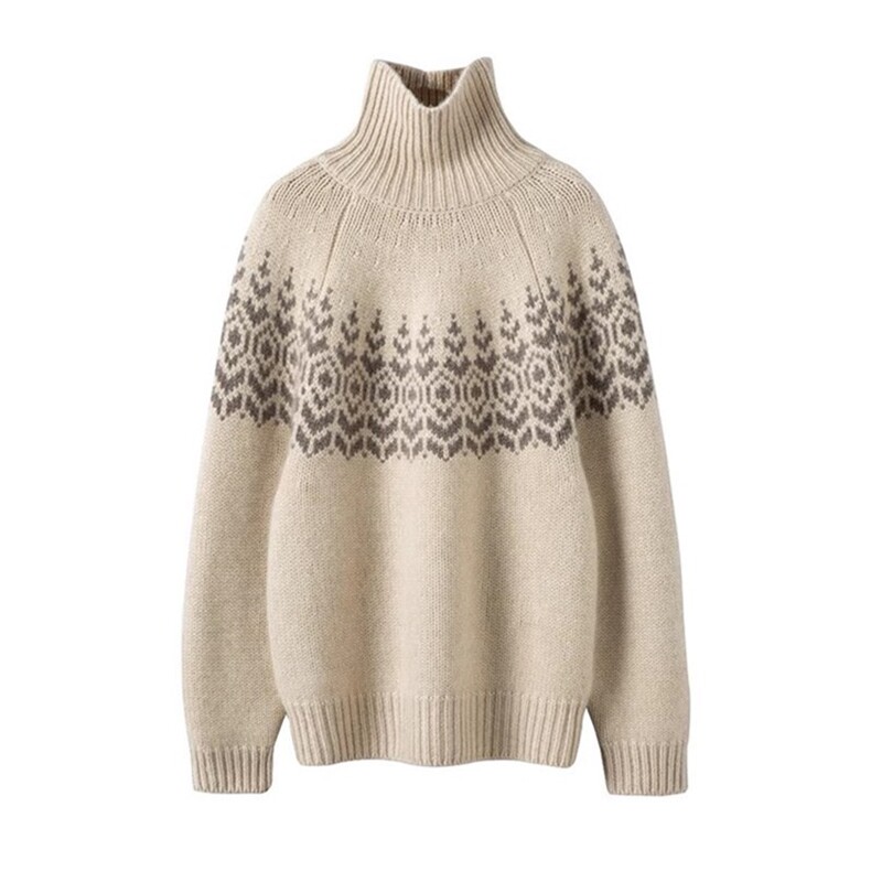 时尚秋冬新款费尔岛高领毛衣宽松舒适显瘦保暖女装针织衫，女装羊毛衫，珍珑羊绒