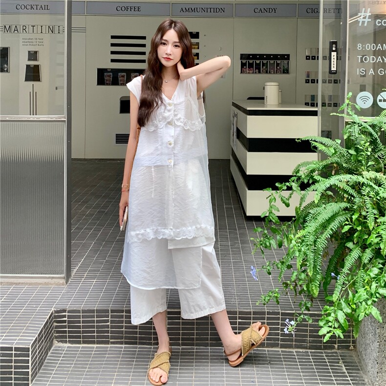 夏日系简约气质两件套女2025高级蕾丝刺绣花边无袖上衣休闲裤套装,女装套装/套裙,2C201
