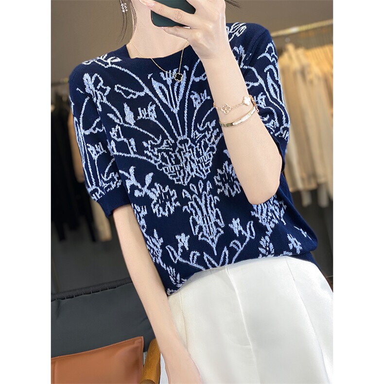 夏季新款纯棉圆领提花短袖女宽松百搭显瘦时尚休闲上衣,女装T恤,丽特绒
