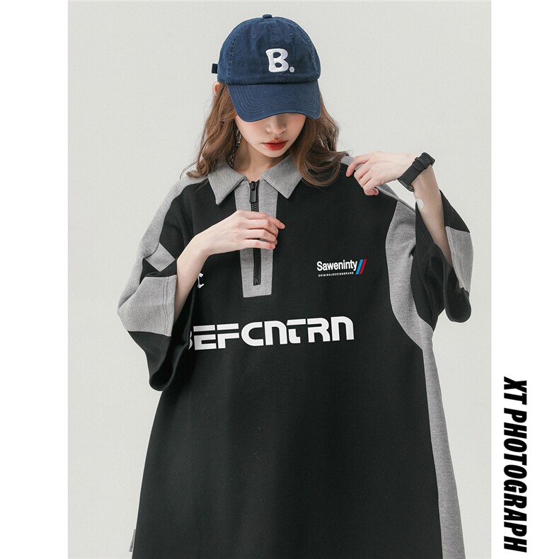 中性23夏季新款字母印花半拉链翻领重磅短袖T恤DT3201P45控68，男装T恤，A247A