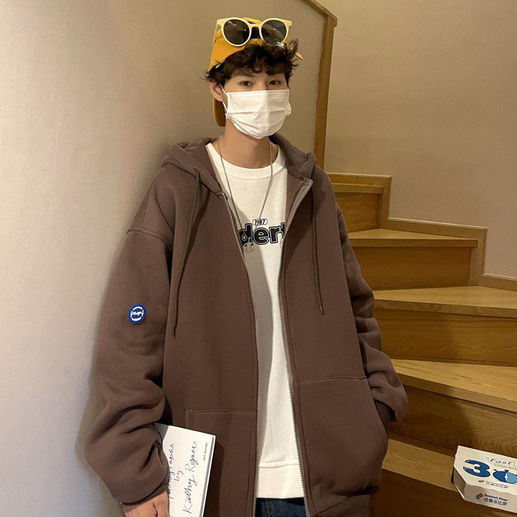 蓝色橡胶标装饰纯色基础百搭开衫卫衣男ZW16薄款P55加绒P6068,男装卫衣,星座1408-1