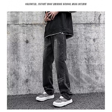 美式复古高街设计感刺绣泼墨宽松牛仔裤男夏季直筒长裤N112-P43，男装牛仔裤，星座308B-1