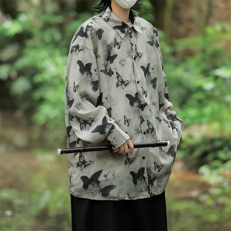 风小众设计蝴蝶短袖男女薄款宽松垂感复古水墨印花衬衣开衫外套，女装短外套，星座505-2（原电商A260-1)