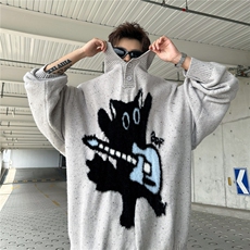 猫咪提花polo领毛衣男秋冬宽松休闲软糯慵懒针织衫潮流MZ921-P56，男装针织衫/毛衣，星座412-3