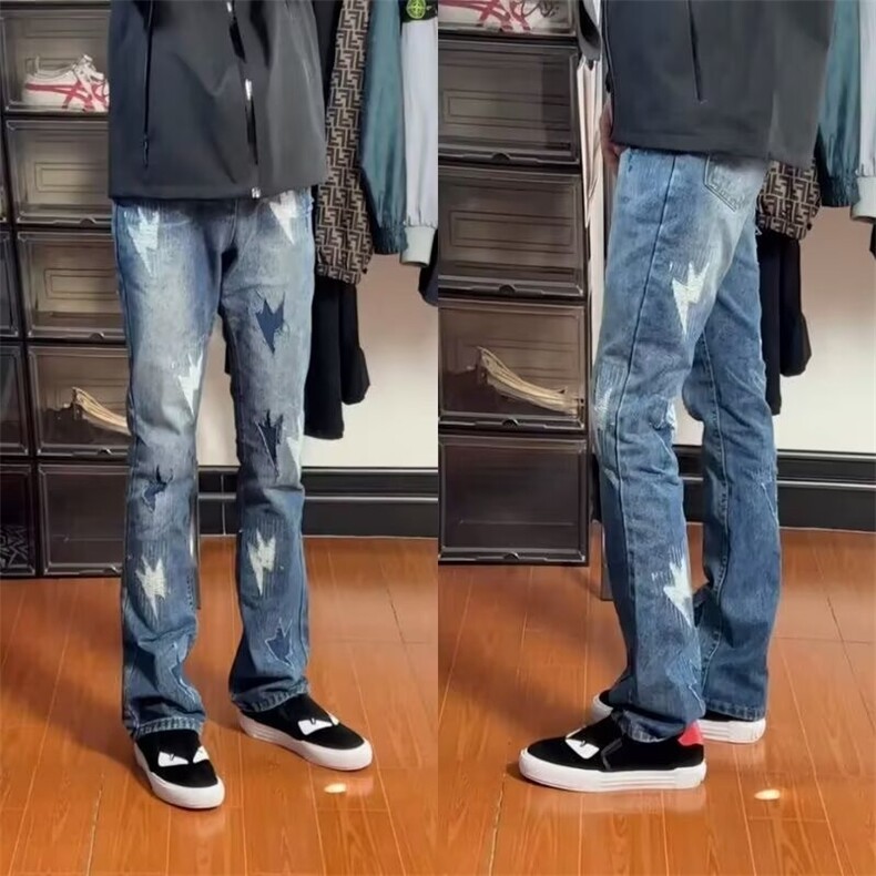 美式解构拼接双腰头破坏牛仔裤男女cleanfit直筒显瘦情侣微喇裤子图片