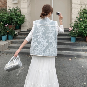 蕾丝拼接牛仔马甲外套女2025春季新款小个子圆领砍袖设计感上衣图片