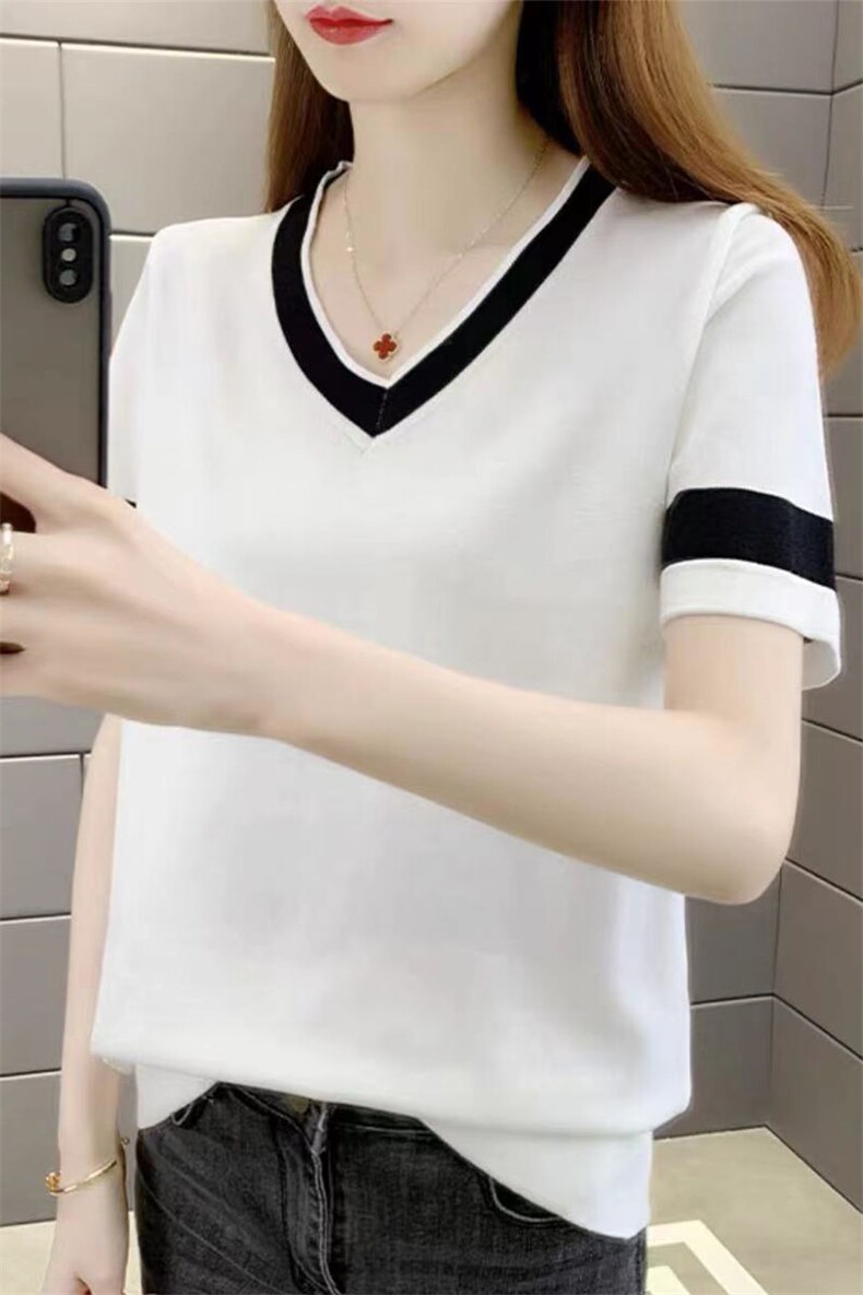 冰丝短袖女夏季2025新款拼色t恤女宽松遮肚上衣时尚洋气黑色体恤,针织衫/毛衣,萱芳婷羊绒