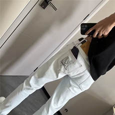 浅灰色字母印花牛仔阔腿裤男春款高腰炸街直筒休闲小脚裤，男装休闲裤，星座506A