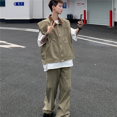美式潮牌复古牛仔夹克男生廓形设计坎肩马甲套装，男装夹克，星座716-3