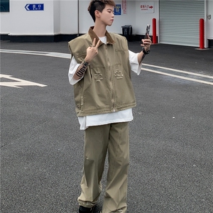 美式潮牌复古牛仔夹克男生廓形设计坎肩马甲 套装图片