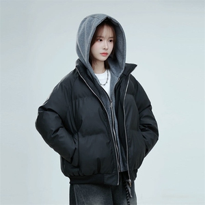 现货高品质重磅工艺美式高街假两件PU皮棉衣男女加厚棉服外套图片