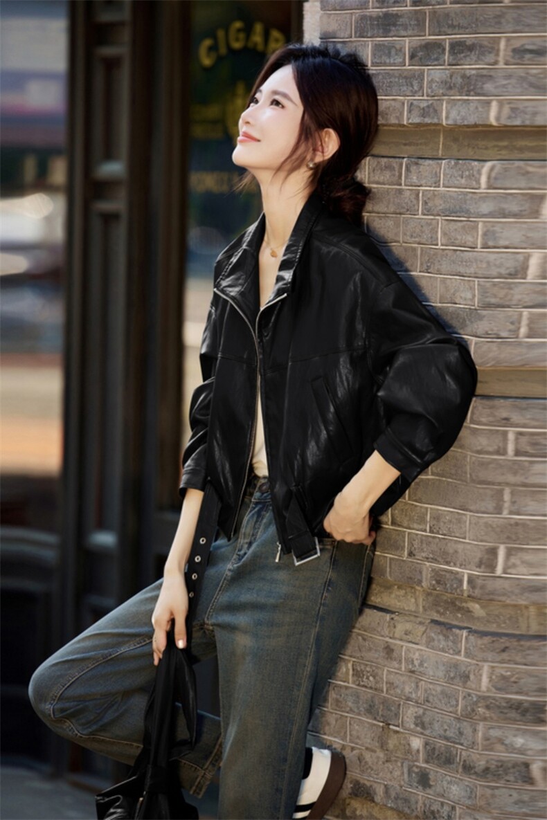 黑色美式复古包包款休闲皮衣外套女2025秋季新款巨好看减龄皮夹克,女装皮衣,安之芮娜