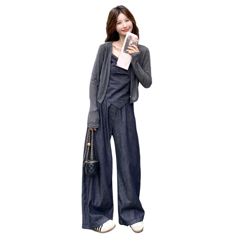 韩系气质通勤休闲风开衫套装女2026秋季新款吊带牛仔阔腿裤三件套，女装套装/套裙，2C159