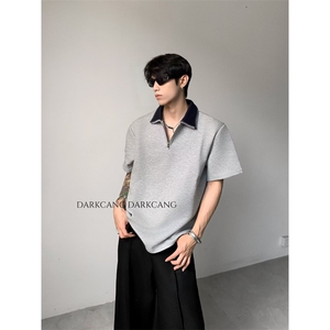 垫肩V领撞色翻领休闲T恤男短袖夏季高级感痞帅半袖513APL1957P36图片