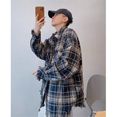 复古美式格子长袖衬衫毛边设计感男衬衣宽松百搭翻领上衣C695，男装衬衫，星座1116A（原606A-3）