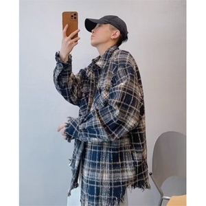 复古美式格子长袖衬衫毛边设计感男衬衣宽松百搭翻领上衣 C695图片